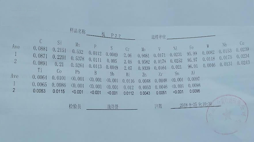 CL22 grade steel material re-inspection